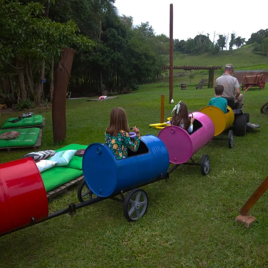 Crianças no passeio de trenzinho em grupo escolar